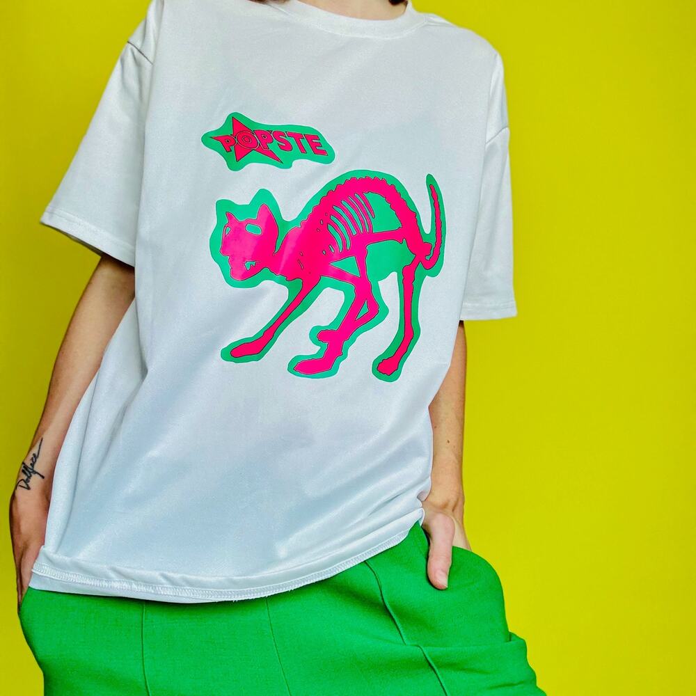 Modern White Unisex Jersey with Punk Neon Cat Graphic